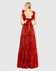 Red Ruffled Shoulder Cut Out Soft Tie Back Tiered Gown