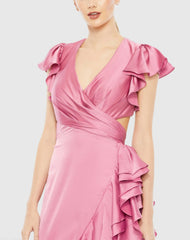 Pink Flutter Sleeve Cut Out Asymmetrical Ruffled Gown - FINAL SALE