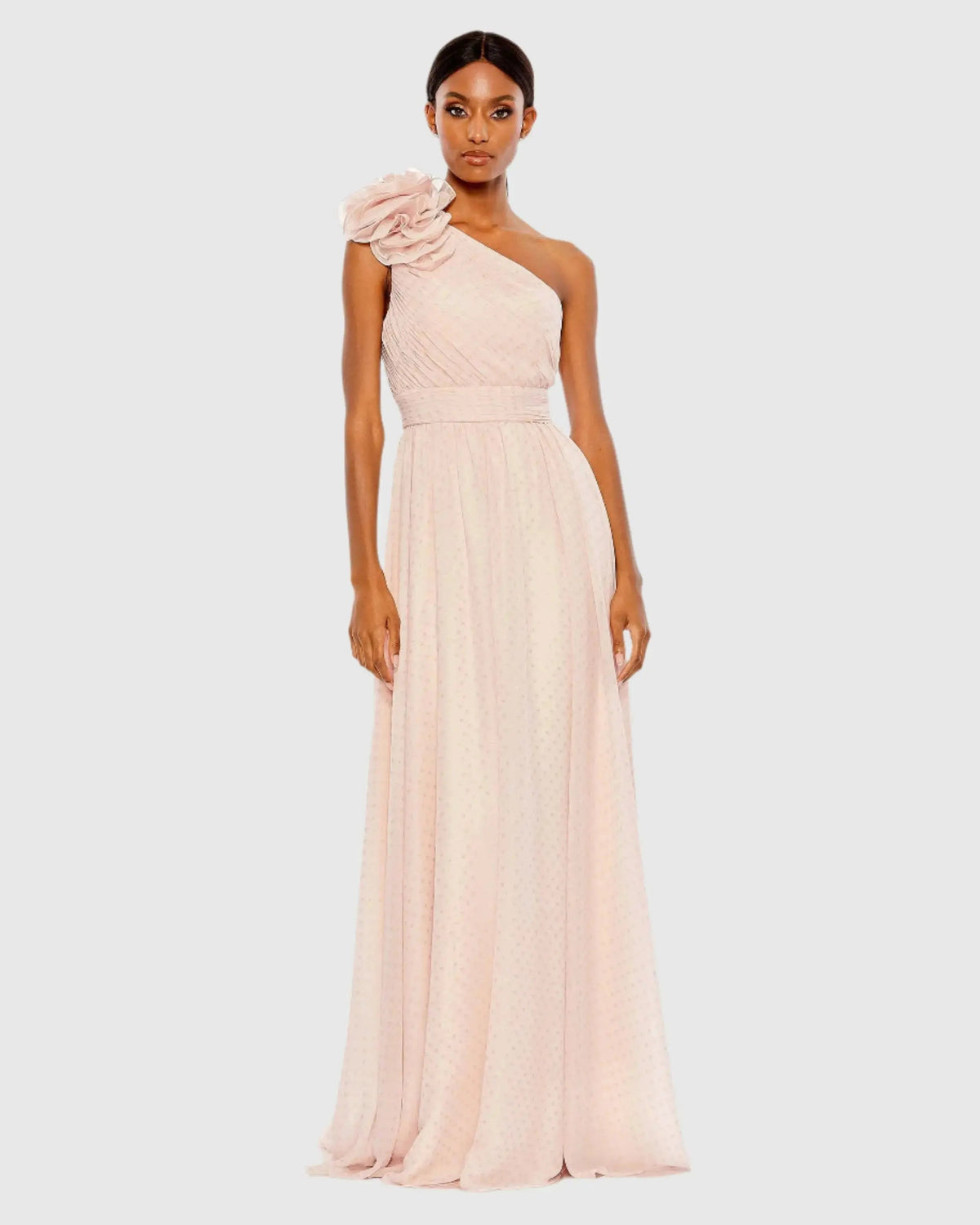 Pink Polka Dot Ruffled One Shoulder Gown