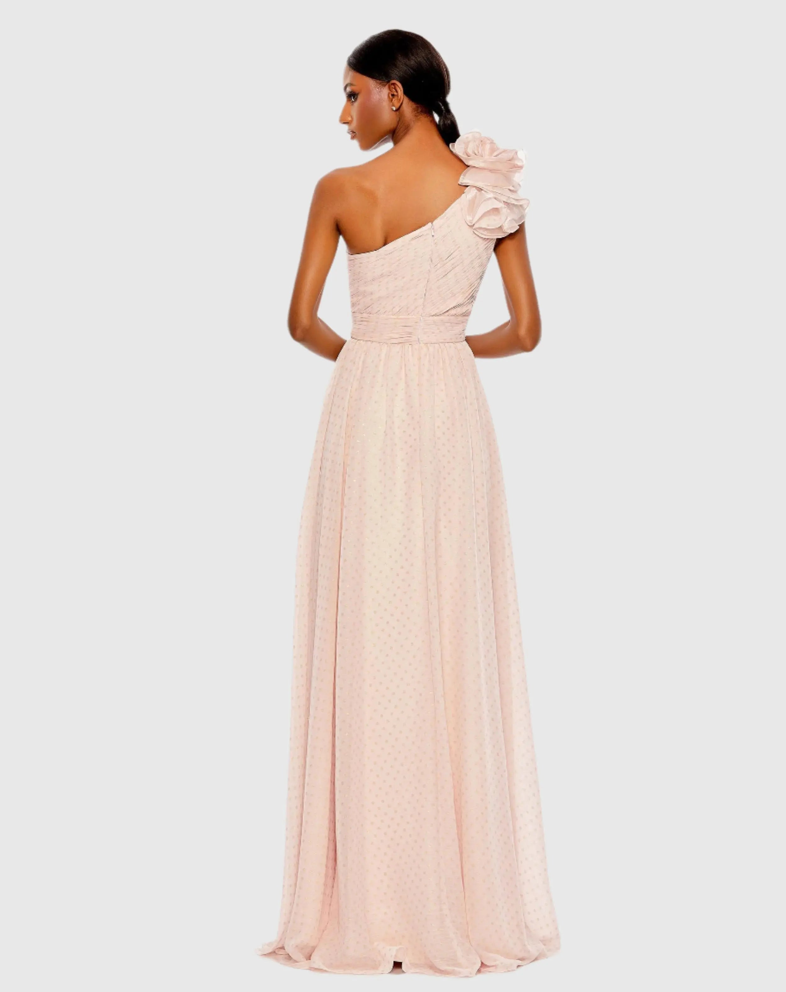 Pink Polka Dot Ruffled One Shoulder Gown