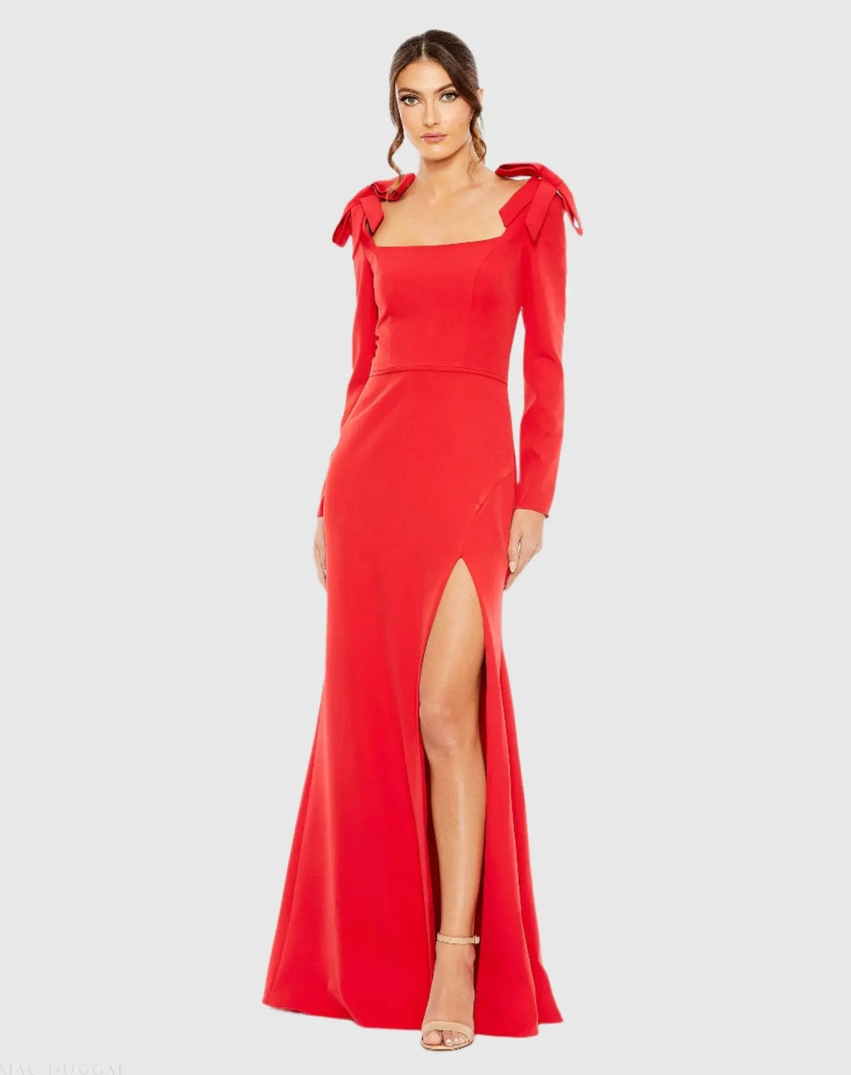 Red Empire Waist Long Sleeve Bow Shoulder Gown
