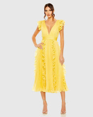 Pleated Chiffon V Neck Ruffle Midi Dress