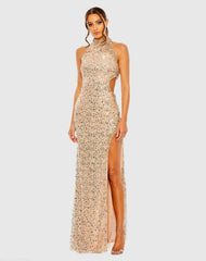 Gold Side Cut Out High Neck Sequin Gown