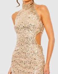 Gold Side Cut Out High Neck Sequin Gown