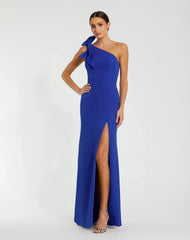 Blue Crepe One Shoulder Fitted Evening Gown With Bow