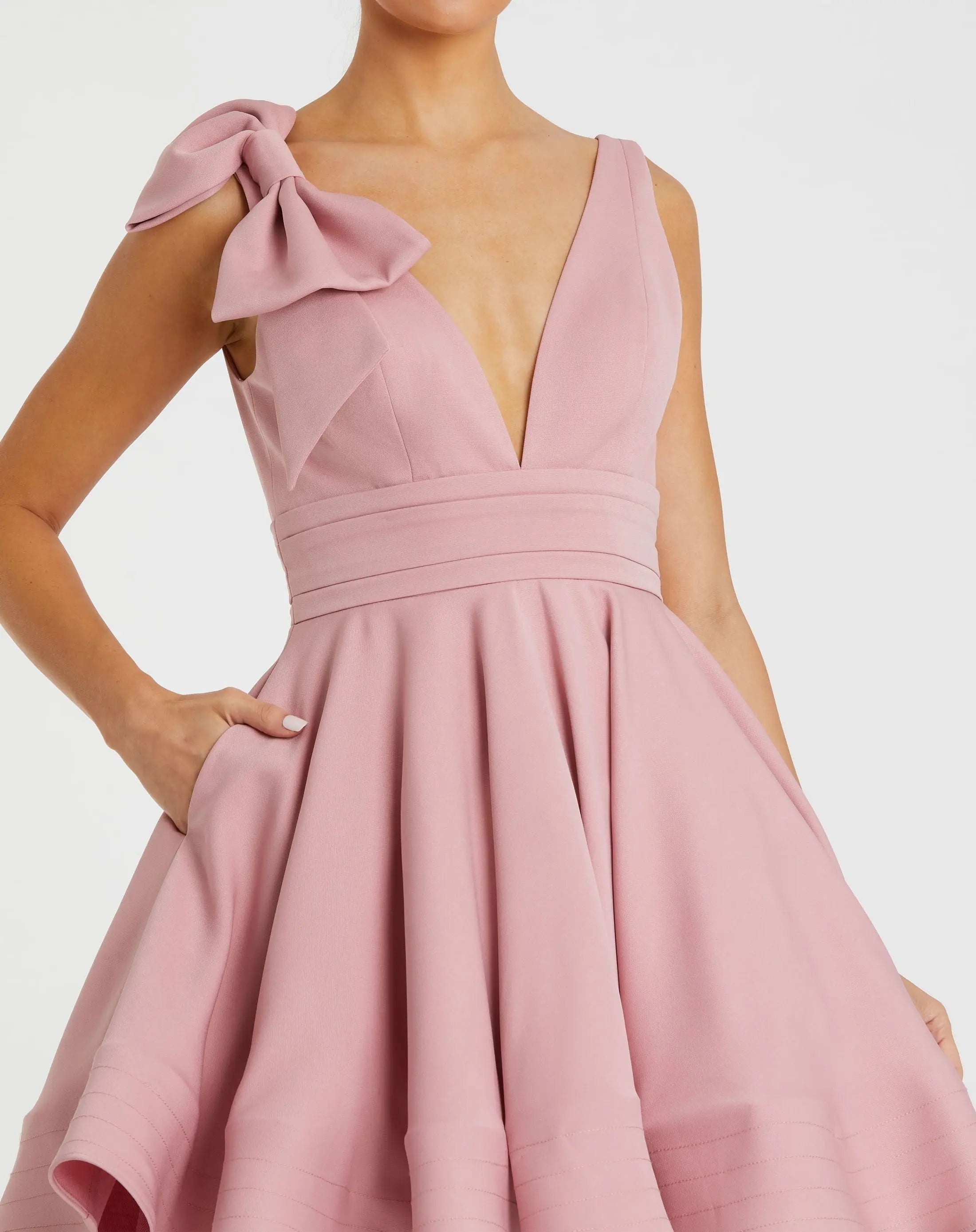 Pink Crepe Sleeveless V Neck Mini Dress With Bow