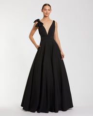 Black Sleeveless Plunge Neck Ball Gown With Bow Detail