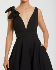 Black Sleeveless Plunge Neck Ball Gown With Bow Detail