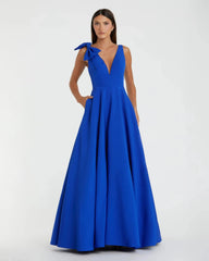 Sleeveless Plunge Neck Ball Gown With Bow Detail