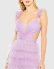 Purple Ruffle Tiered Tulle Cut Out Gown