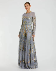 Long Sleeve Embellished Illusion Evening Gown