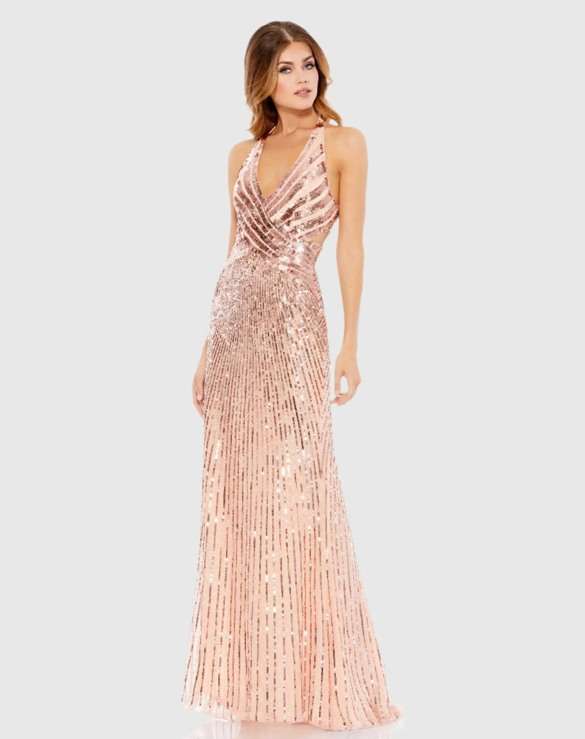Pink Sleeveless Faux Wrap Sequin Embellished Cut Out Back Gown