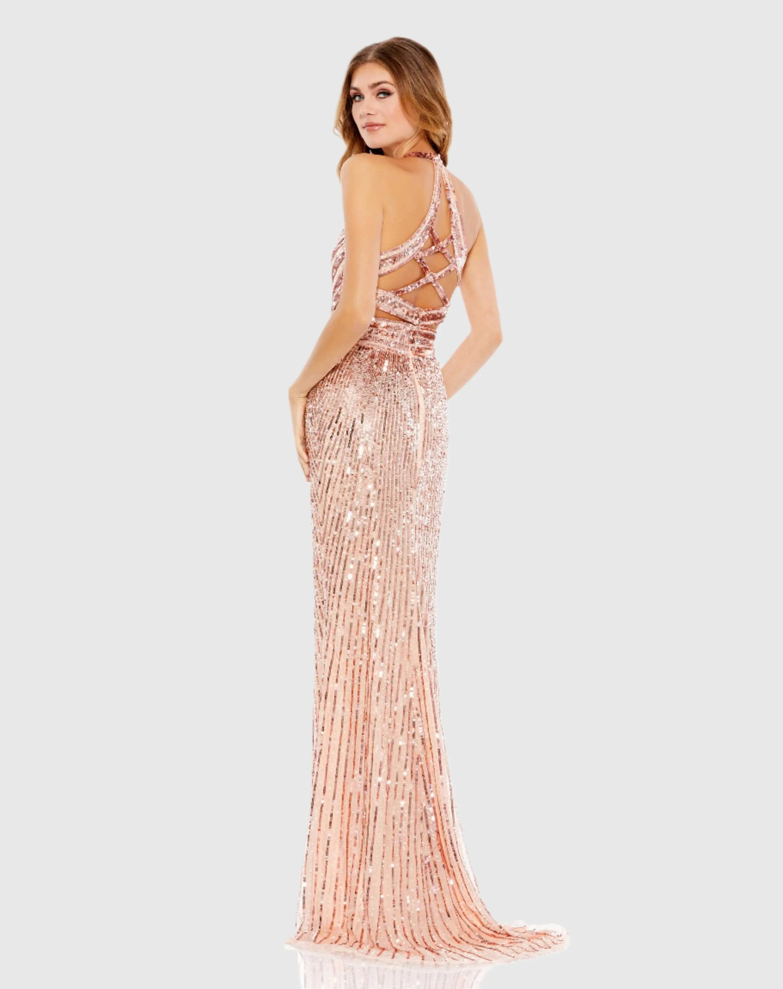 Pink Sleeveless Faux Wrap Sequin Embellished Cut Out Back Gown