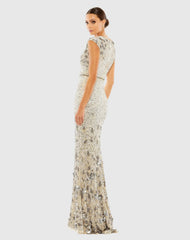 White and Silver Embellished V Neck Cap Sleeve Sequin Gown