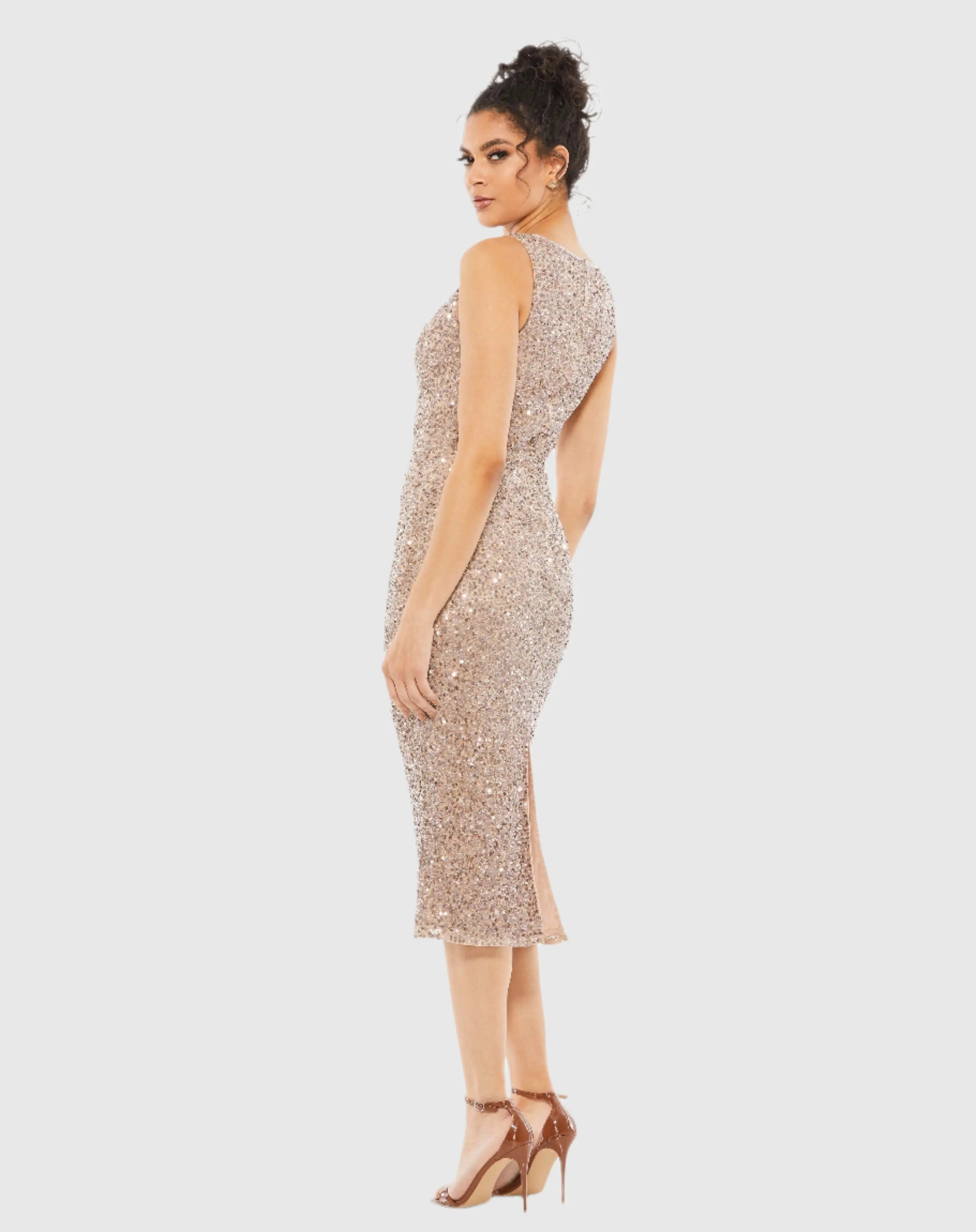 Beige Sleeveless Sequined Midi Sheath Dress - FINAL SALE