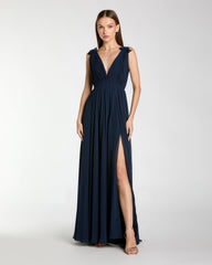 Navy Sleeveless Pleated Chiffon V-Neck Gown