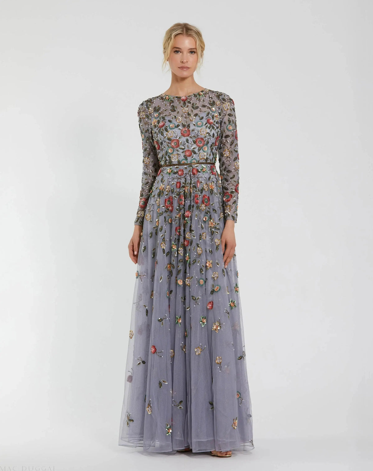 Gray Embellished High Neck Long Sleeve A Line Gown