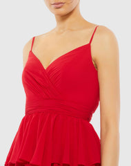 Red V-Neck Sleeveless Gown with Ruffled Skirt