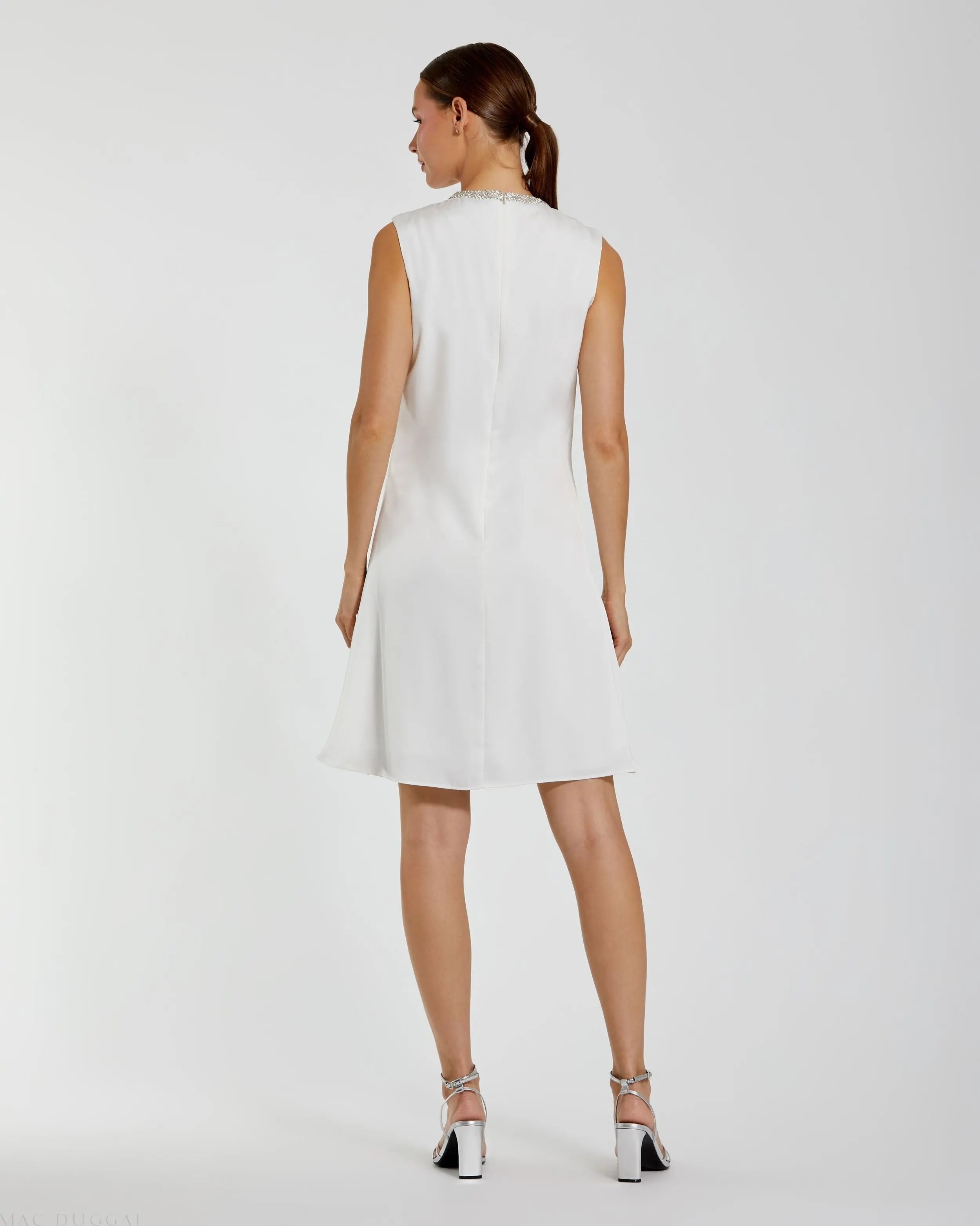 White Rhinestone Neckline Draped Mini Dress