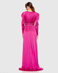 Pink Rhinestone Trim Puff Sleeve Gathered Gown