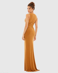 Brown Pleated Bodice Jersey Column Gown