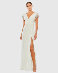 Black Embellished Sleeve Jersey Wrap Gown