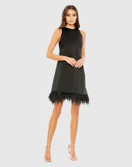 Black Feathered Hem High Neck Sleeveless Trapeze Dress - Final Sale