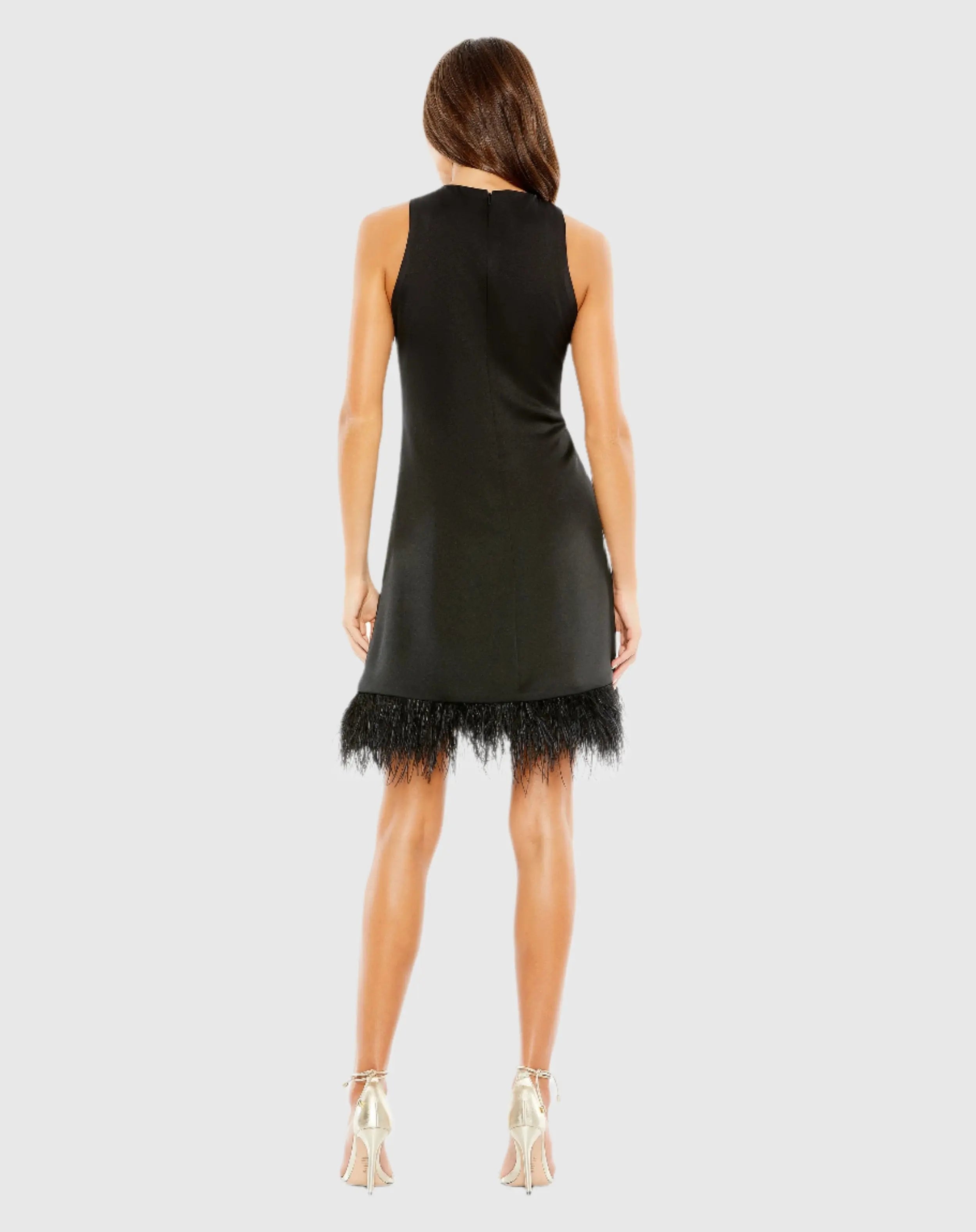 Black Feathered Hem High Neck Sleeveless Trapeze Dress - Final Sale