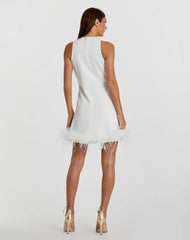 White Feathered Hem High Neck Sleeveless Trapeze Dress - Final Sale