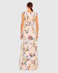 Pink Multicolor Pleated Floral Cap Sleeve A Line Gown