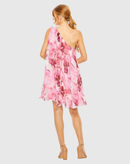 Pink Floral Print One-Shoulder Mini Dress
