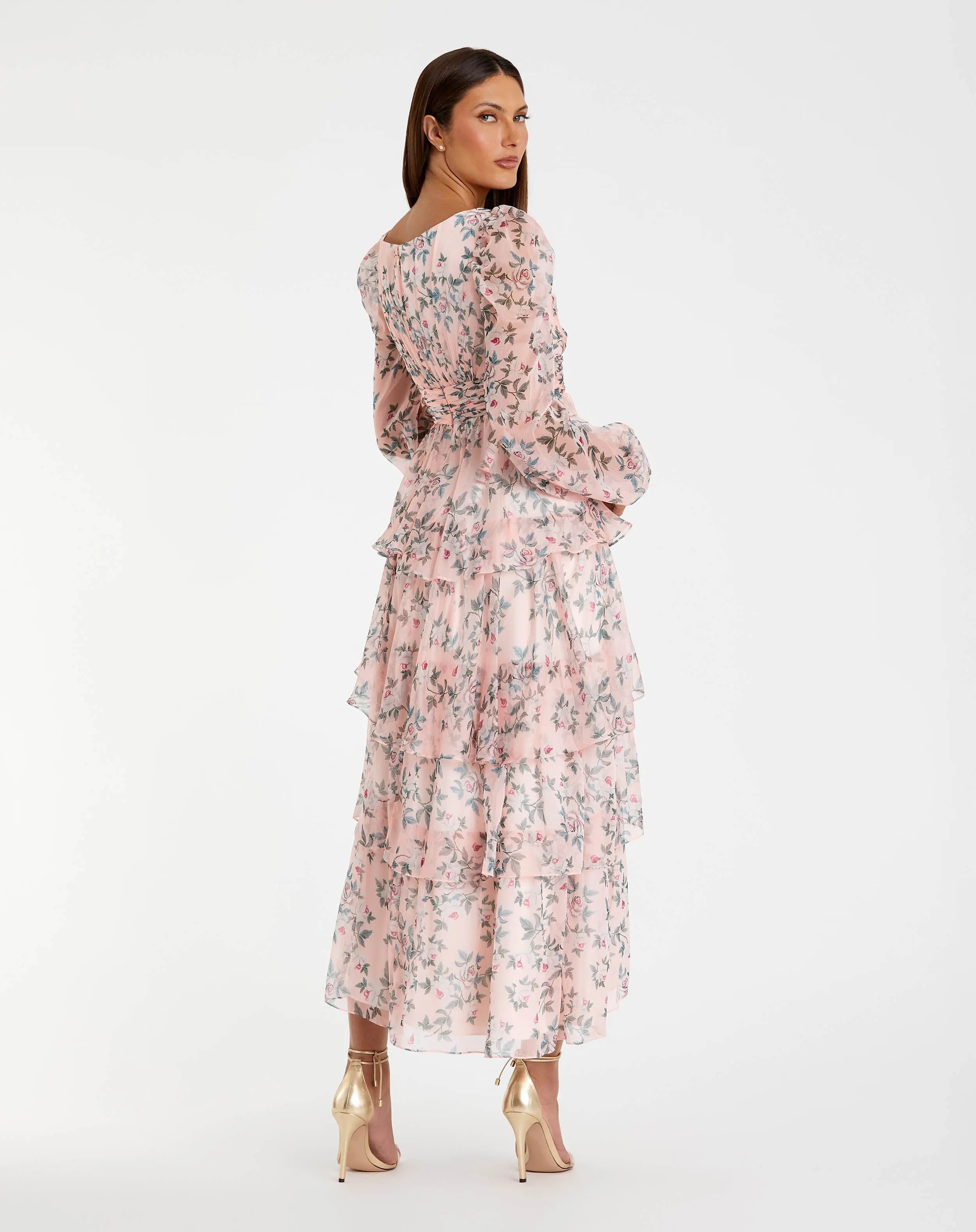 Pink Puff Sleeve Floral Printed Dress