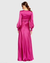 Pink Charmeuse Bishop Sleeve V Neck Gown - Final Sale