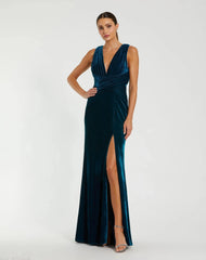 Blue Sleeveless Plunge Neck Pleated Velvet Gown