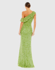 Green Sequined Drop Shoulder Trumpet Gown