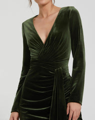 Green Ruched Velvet Column Evening Gown