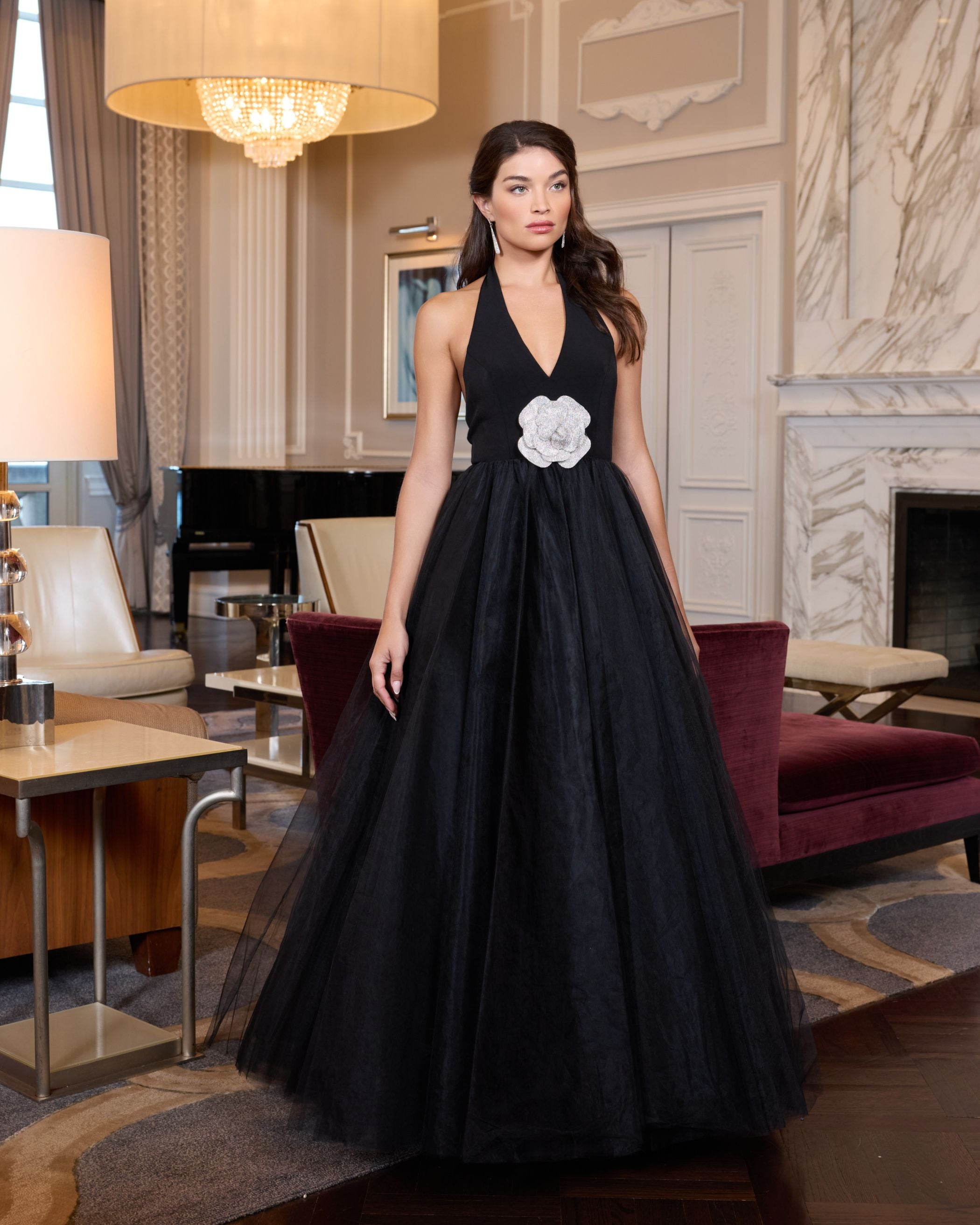 Black Halter Neck Ball Gown with Rhinestone Flower