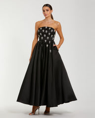 Crystal Embellished Strapless Satin A-Line Dress