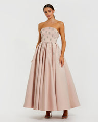 Crystal Embellished Strapless Satin A-Line Dress