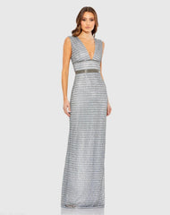 Silver Beaded Cap Sleeve V Neck Column Gown
