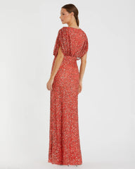 Red Draped Sleeve V Neck Gown