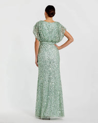 Green Draped Sleeve V Neck Gown