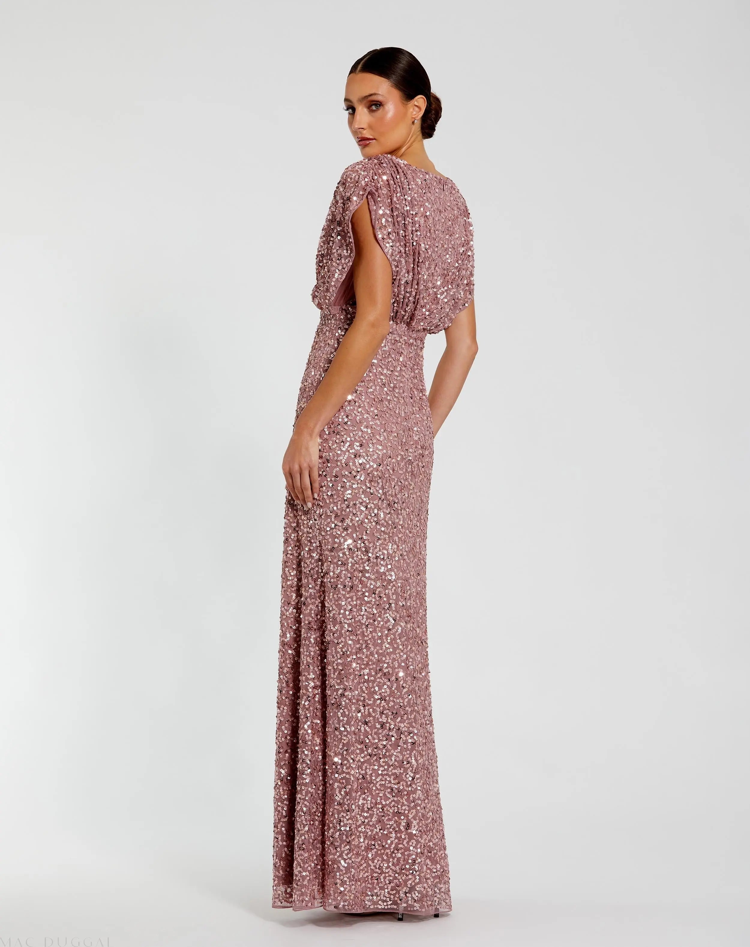 Purple Draped Sleeve V Neck Gown