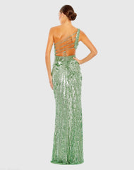Green Sequined One Shoulder Draped Lace Up Gown