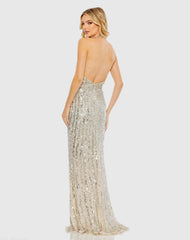 Silver Sequined Halter Strap Trumpet Gown
