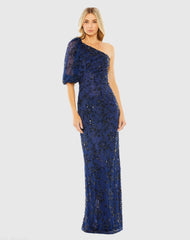 Navy One Shoulder Puff Sleeve Embellished Column Gown