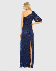 Navy One Shoulder Puff Sleeve Embellished Column Gown