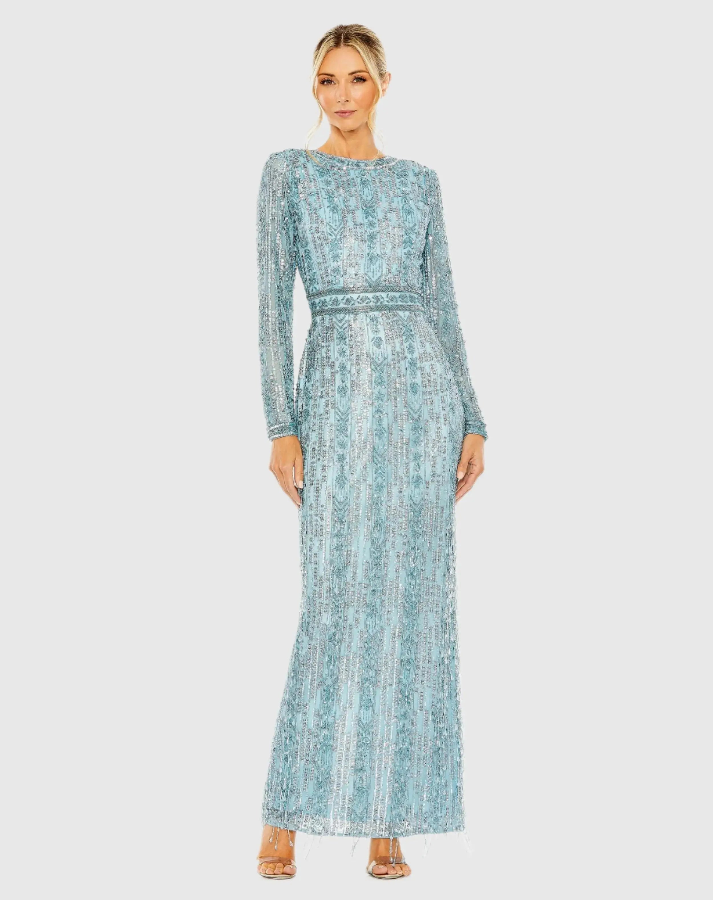 Long Sleeve Beaded Gown with Crystal Fringe