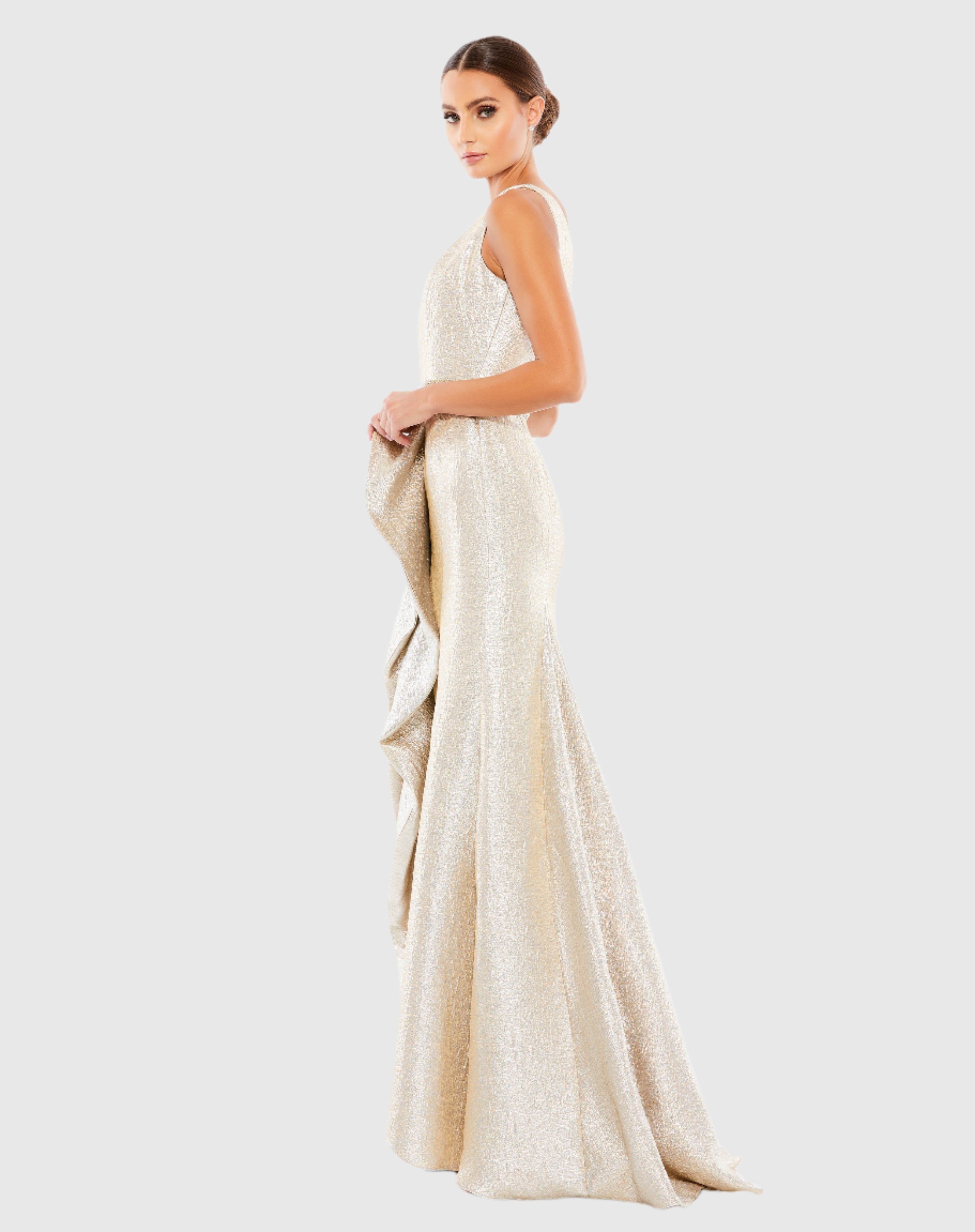 Gold One Shoulder Metallic Ruffled Evening Gown