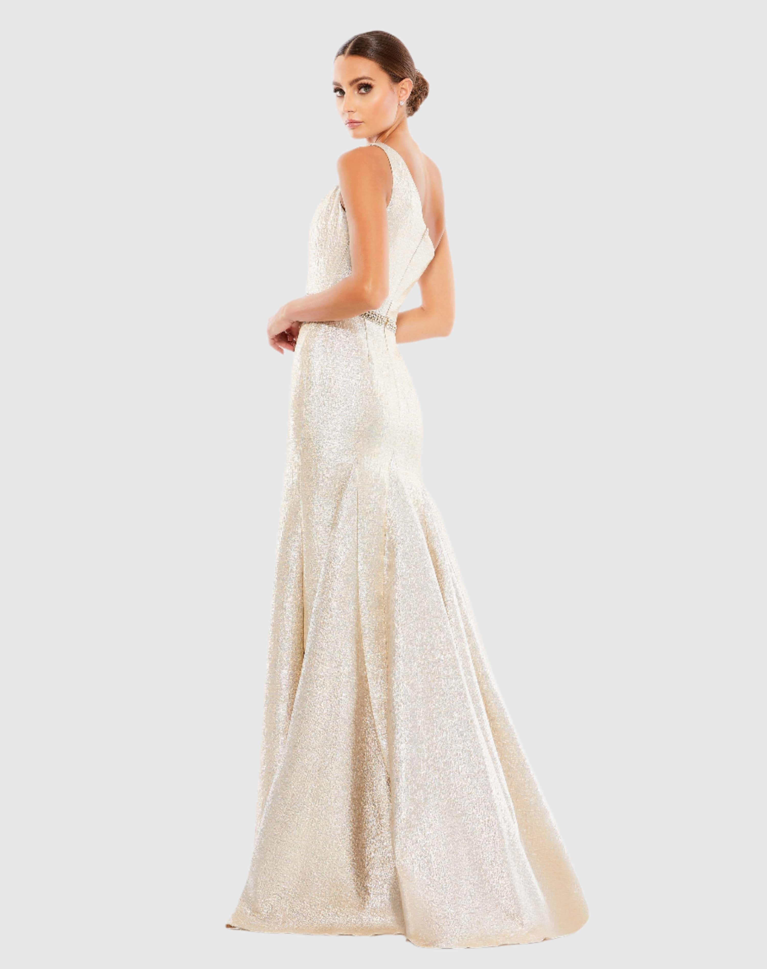 Gold One Shoulder Metallic Ruffled Evening Gown